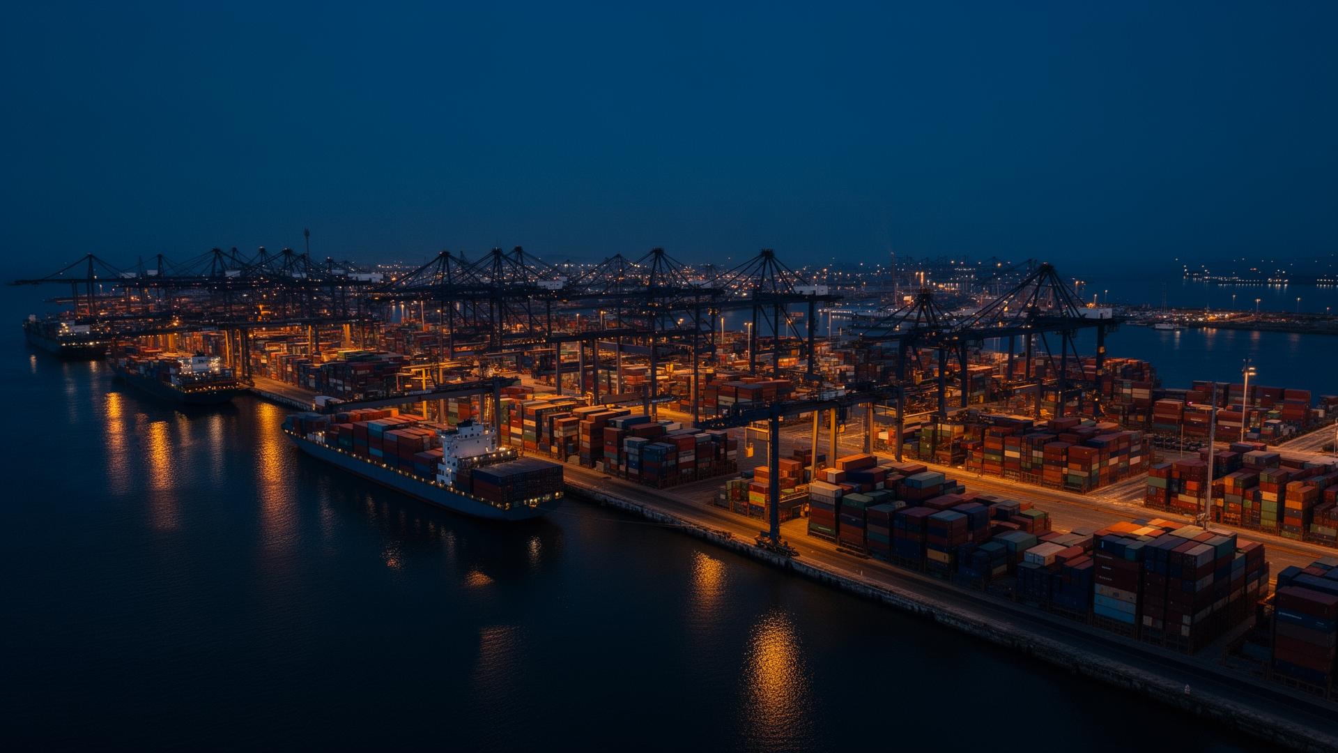 Porto de contêineres ao entardecer